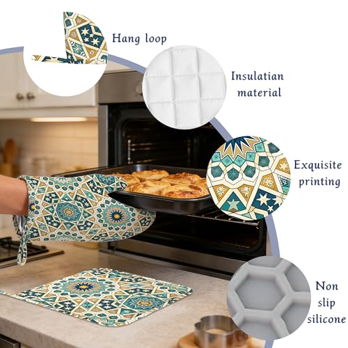 Mandela Geometric Oven Mitts and Pot Holders Sets of 4 Boho Abstract Heat Resistant Silicone Oven Mits Gloves Non-Slip Kitchen Mittens Potholders for Cooking Baking Grilling BBQ - color: Mandela Geometric,boho Abstract