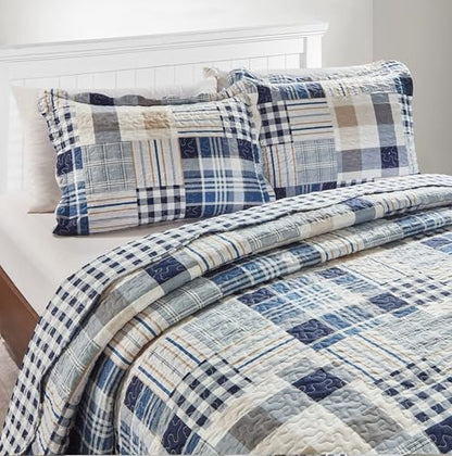 Brilliant Sunshine Multi Blue Plaids & Stripes Pillowshams Set, 20"x26"+2" | Patchwork Design, Quilted Standard Pillowcases, Washable Scallop Edge Pillow Covers, Pack of 2 - color: Blue, size: 20 x 26 inches