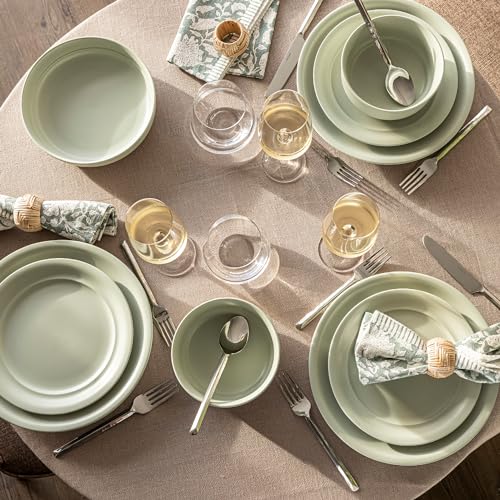 over&back Rim Dinnerware Set - Stoneware Dishes - Comes with 4 Dinner Plates, Salad Plates, Cereal Bowls, and Dinner Bowls - 16-Piece All-Occasion Place Settings - Serves Four - Semi-Matte Sage - color: Sage, size: Dinner Set | 16 Pieces