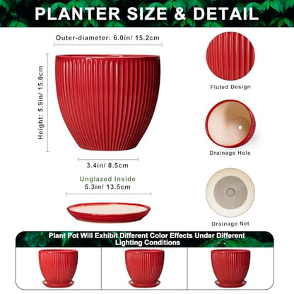 Ceramic Planter, 6 Inch Plant Pot Indoor with Drainage Hole and Saucer, Small Pots for Plants, Modern Succulent Flower Pot, Round Planter, House Garden Decor, Plant Gifts for Women Men, Red - size: 6 Inch, style: Red
