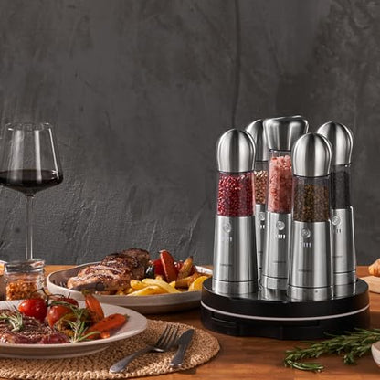 COSPRO Electric Salt & Pepper Grinder Set of 5 | Wireless Charging | Rechargeable | Stainless Steel | One-Hand Use | Adjustable Coarseness | Easy Clean | Himalayan Salt & Spices - size: Set of 5