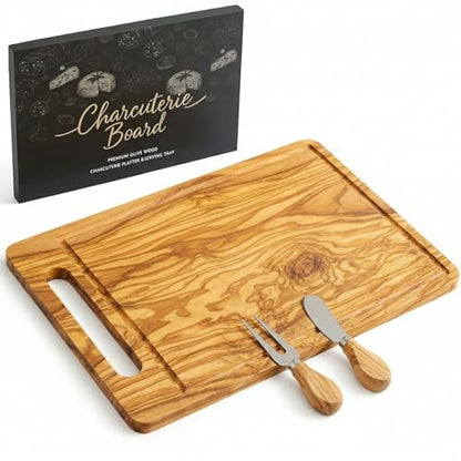 Olive Wood Charcuterie Board Rectangle Handle, Cheese Knife Fork | 15.8" X 10" Handcrafted with Embedded Handle, Natural Grain Groove, Wedding Housewarming Bridal Shower Gifts for Couples - color: Olive Wood, style: Rectangle with Embedded Handle