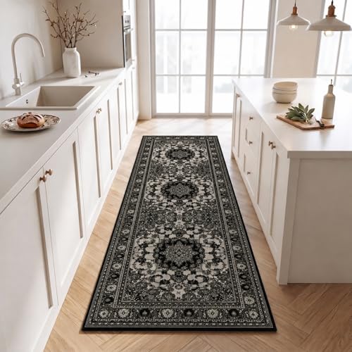 Boho 2x6 Hallway Runner Rug Indoor Machine Washable Vintage Area Rug with Non-Slip Backing Moroccan Runner for Entryway, Hallway, Kitchen, Bedroom, Bathroom, Laundry, Door Entrance Mat Carpet Decor - color: Black, size: 2' x 6' (Rectangular)