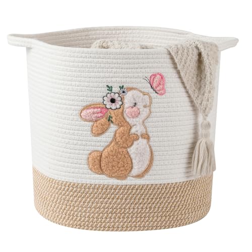 Large Blanket Baskets for Living Room, Bunny Baskets Toy Storage Basket Woven Cotton Rope Basket for Kids, Toys Organizer Clothes Hamper with Embroidery, Laundry Hamper Nursery Decor ( Large ) - color: Bunny, size: Large