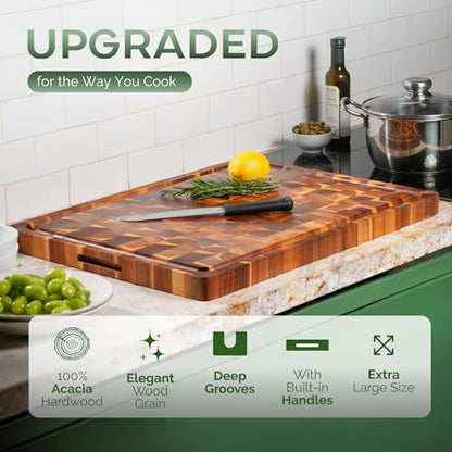 Howizz Solid Acacia Wood 17"x13" Cutting Board, Extra Thick 1.5" End Grain Butcher Block For Kitchen, Non Toxic Pre-Oiled Carving Tray, Juice Grooves and Easy Grip Handle Chopping Board - color: End Grain, size: 17"L x 13"W