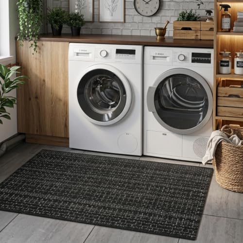 Seavish Black Laundry Room Rug, 2x4.2 ft Low Pile Cotton Woven Chindi Rug | Bohemian Decorative Washable Hallway Throw Runner Rug, Small Area Braided Rug for Bedroom Kitchen Sink Bathroom - color: Black, size: 2 x 4.2 ft