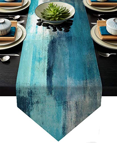 Turquoise and Grey Table Runner,Teal Abstract Modern Art Burlap Table Runners for Table Dresser Runner Farmhouse Style for Dinner Party Holidays Home Decoration - color: Turquoise Grey, size: 13"x 71"