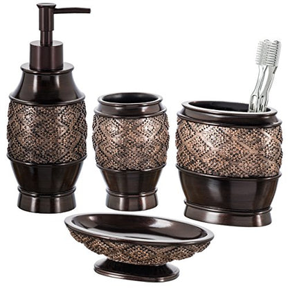Creative Scents Dublin Brown 4 Piece Bathroom Accessory Set | Includes Soap Dispenser, Toothbrush Holder, Tumbler Cup & Soap Dish - style: 4 Piece Set
