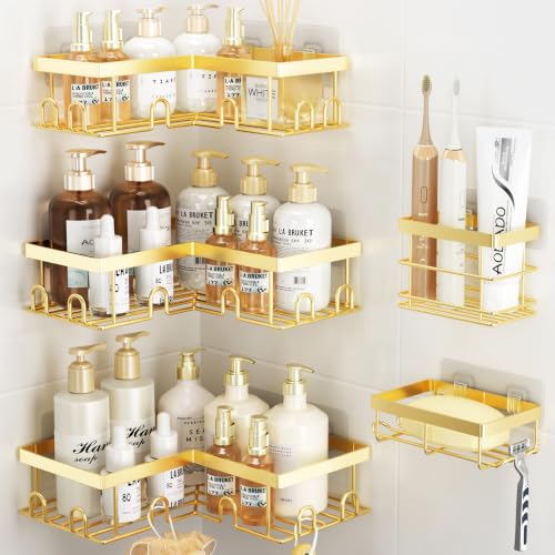 Liuoud Corner Shower Caddy, 5 Pack Adhesive Stainless Steel Organizer, Gold | Shower Shelves with Soap rack Toothbrush Holder, Rustproof, Large Capacity No Drilling Wall Storage Bathroom Accessory Decor - color: Gold