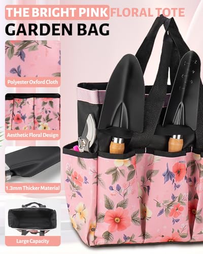5 Piece Pink Gardening Tool Set for Women | Floral Garden Bag, Garden Tool Kit, Gifts for Wife - style: 5-Piece Pink With Bag