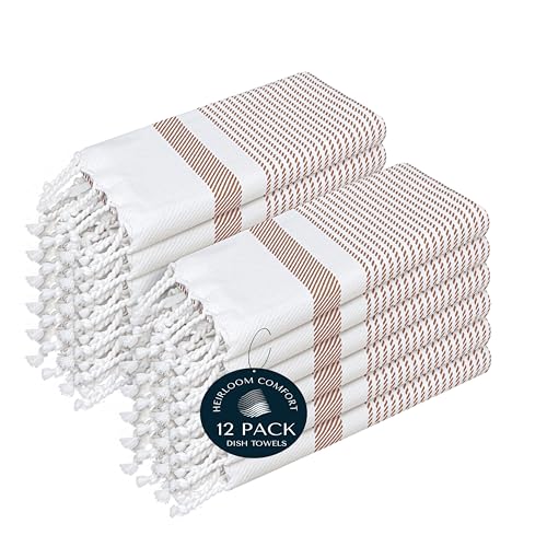 Brown Turkish Kitchen Towels 16x26 Inch, 12 Pack, 100% Cotton, Ultra Absorbent, Soft, Fast Dry, Machine Washable, Dish Towel with Tassels for Drying Dishes, Cleaning, Everyday Use - color: Brown, style: 12 Pack
