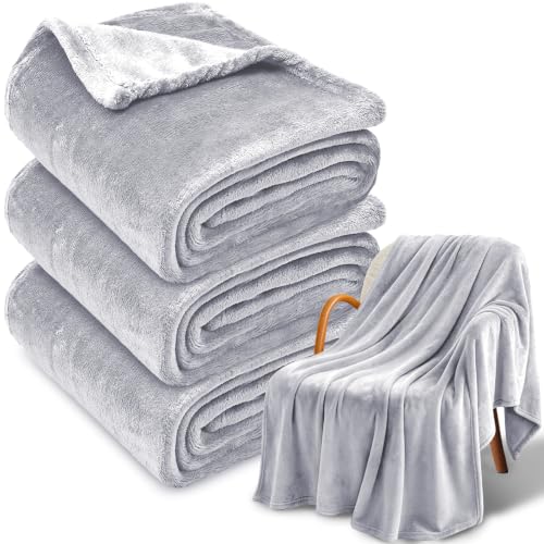 3-Pack Fleece Throw Blankets 50x60, 300GSM Soft Flannel Plush Blanket, Lightweight Warm Couch Sofa Bed Blankets, No Shedding All Season (Light Gray) - color: Light Gray