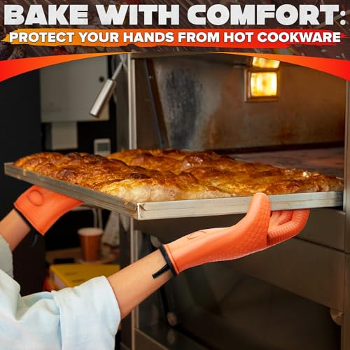Silicone Oven Gloves with Fingers – Dual-Layer Silicone Gloves for Cooking, Heat & Oil Resistant with Soft Inner Cotton Padding – Non-Slip Oven Mitts for Grilling, Baking, Hot Tray, Smoker & Fryer Use