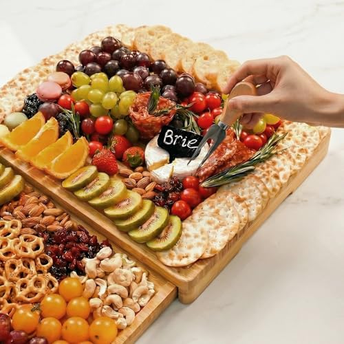 Extra Large Bamboo Charcuterie Board, 3-Layer Pull-Out Cheese Trays | 33.7"x15.7" 3-Layer Pull-Out Cheese Board with Slate Plate, Knife Set, Bowls, Ideal for Home Parties and Housewarming Gifts - color: Natural Bamboo