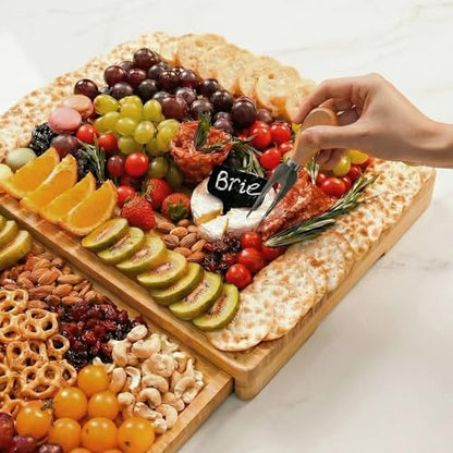 Extra Large Bamboo Charcuterie Board, 3-Layer Pull-Out Cheese Trays | 33.7"x15.7" 3-Layer Pull-Out Cheese Board with Slate Plate, Knife Set, Bowls, Ideal for Home Parties and Housewarming Gifts - color: Natural Bamboo