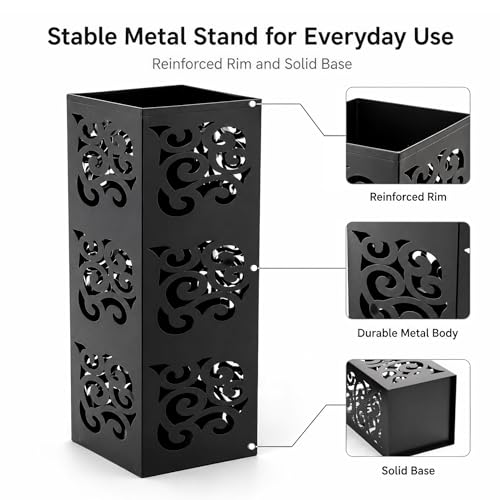 Kingrol Metal Umbrella Holder for Entryway, Square Black Umbrella Stand with Hollow Design, Freestanding Umbrella Rack for Umbrellas, Canes and Walking Sticks, 6 x 6 x 15.75 Inch