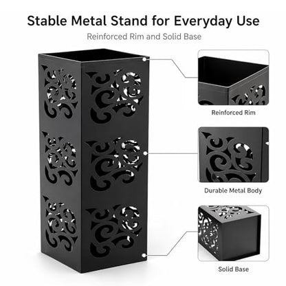 Kingrol Metal Umbrella Holder for Entryway, Square Black Umbrella Stand with Hollow Design, Freestanding Umbrella Rack for Umbrellas, Canes and Walking Sticks, 6 x 6 x 15.75 Inch