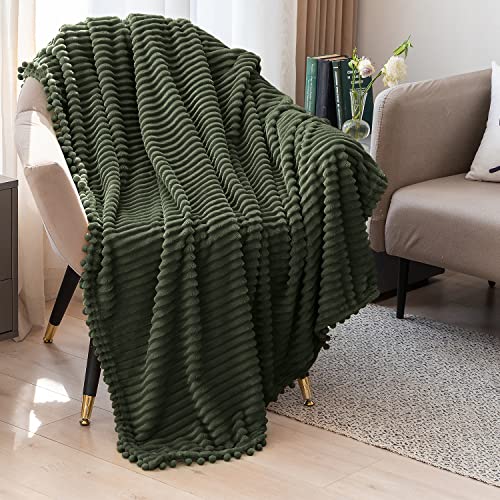DISSA Fleece Blanket Twin Size – 60x80, Olive Green – Soft, Plush, Fluffy, Fuzzy, Warm, Cozy – Perfect Throw for Couch, Bed, Sofa - with Pompom Fringe - Flannel Blanket Throw Blanket - color: Olive Green, size: 60x80"