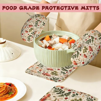 Red Mushroom Forest Strawberry Silicone Oven Mitts and Pot Holders,Heat-Resistant 4 Piece Kitchen Set Non-Slip Oven Gloves and Hot Pads for Cooking, Baking, Grilling,BBQ - color: Red Mushroom Forest Strawberry