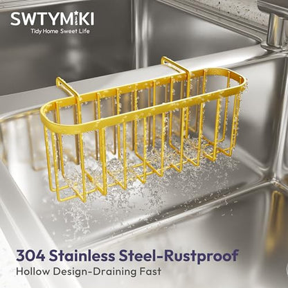 SWTYMIKI Sponge Holder for Kitchen Sink, Kitchen Sink Caddy Rustproof Sponge Caddy for Hanging 1.5” Middle Divider Double Bowl Sinks, No Suction Cups, Gold - color: Gold