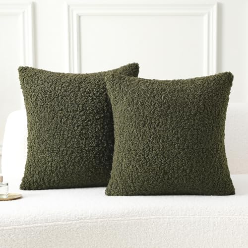 FUTEI Pack of 2 Faux Fur Teddy Boucle Pillow Covers 16x16 Inch, Olive Green | Soft Fluffy Decorative Textured Neutral Pillow Covers, Machine Washable,Accent Solid Couch Pillows Sofa Bed Home Living Room - color: Olive Green, size: 16" x 16" (Pack of 2)