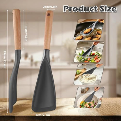 Cooking Spoon for Nonstick Cookwares, Multifunction Spatula Spoon, Great for Both Cooking and Serving, Wood Handle Spoon for Stirring, Mixing, Serving (2, GRAY) - color: Gray