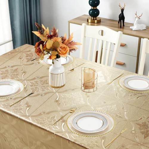 Rectangle Gold Tablecloth Heavy Duty Vinyl Tablecloths Waterproof Oil-Proof PVC Table Cloth Durable Wipeable Plastic Table Cover for Dining Camping Indoor and Outdoor (Gold Royal Moti,54" X 78") - color: Gold Royal Motif