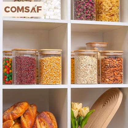 ComSaf Square Glass Containers With Lids 1.2 Qt, Set of 9 Pantry Galss Jars | Food Storage Jar, Kitchen Canisters, Storage Container, Bamboo Lid with Silicone Seal, Cookie, Flour, Spice, Coffee, BPA Free - size: 1.2Qt*9