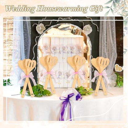 Reallnaive 24 Pcs Bamboo Spatula Wooden Kitchen Utensil Bulk 12''wood Spoon Spatula for Cooking with Ribbon Bridal Baby Shower Game Prize Wedding Party Favors Housewarming Gift (Heart Style) - style: Heart Style
