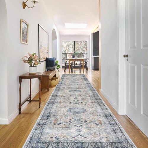 RUUGME Washable Runner Rug 2.6'x12' - Vintage Kitchen Area Rug Stain Resistant Rugs for Living Room Bedroom Laundry Room Mat Distressed Rug Hallway Floor Carpet Runner for Bathroom(Grey/Blue) - color: Grey, size: 2'6" x 12' (Runner)