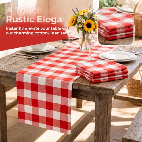 ShinyBeauty 4 Packs Checkered Table Runner 72 Inches Long Red and White | Christmas Buffalo Plaid Linen, Soft Cotton, for Farmhouse Thanksgiving Dining Tables Seating 4-6, 14 Inch Wide, Folded Hem - color: Red & White, size: 72''x13''x4PCS