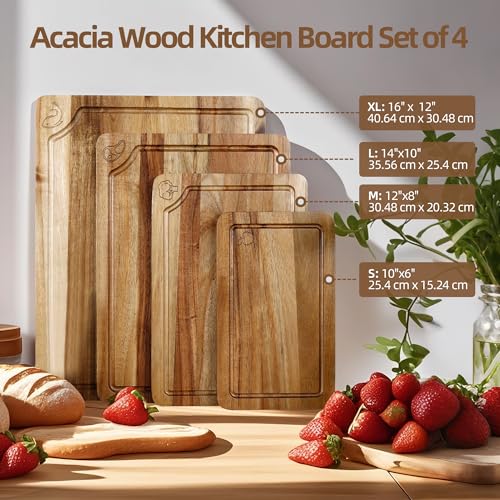 Acacia Wood Cutting Boards Set for Kitchen, 4-Piece Chopping Board Set with Food Icon (Meat, Fish, Vegetables, Fruits) Wooden Butcher Block with Stands & Juice Groove (S,M,L,XL) - color: Acacia Wood Set of 4