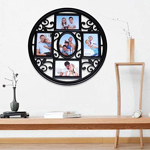 MKUN 2Pack of 4x6 Wall Photo Collage Frames - Round Circular Circle Wall Hanging Picture Collage Frame with Leaf Decoration, 5- Opening (Black) - color: Black