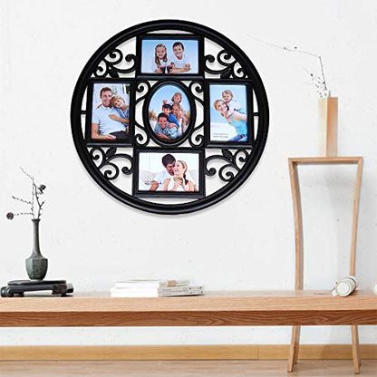 MKUN 2Pack of 4x6 Wall Photo Collage Frames - Round Circular Circle Wall Hanging Picture Collage Frame with Leaf Decoration, 5- Opening (Black) - color: Black