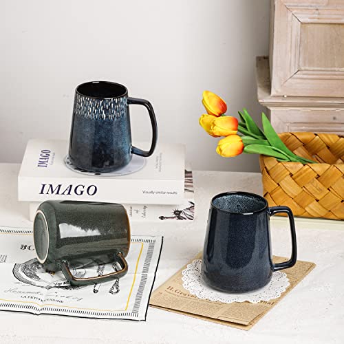Large Ceramics Coffee Mugs,24 OZ,with Spoon and Wooden Lid,for Coffee,Tea,Large Handle Design,Microwave and Dishwasher Safe(Color:24 oz star blue set) - color: 24 oz star blue set