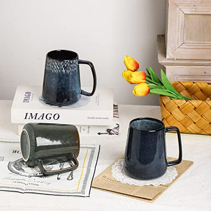 Large Ceramics Coffee Mugs,24 OZ,with Spoon and Wooden Lid,for Coffee,Tea,Large Handle Design,Microwave and Dishwasher Safe(Color:24 oz star blue set) - color: 24 oz star blue set