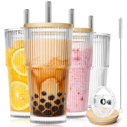 KEMORELA 20oz Ribbed Glass Tumblers with Bamboo Lids & Straws, Boba Cups | Stainless steel straws, bamboo & leak-proof dual lids. 13mm wide straw. Vintage. For boba, iced coffee, smoothies & travel. - size: 20oz 0.5"straw