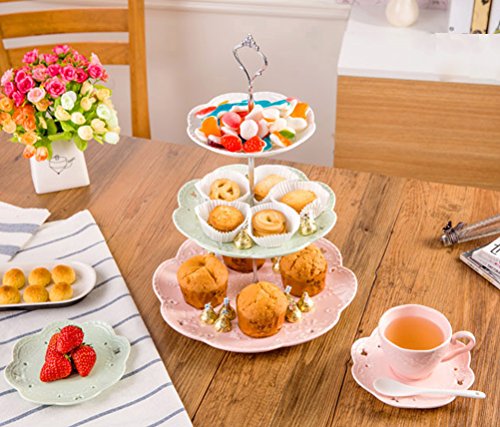 Jusalpha 3-Tier Multi Color Porcelain Dessert Stand-Cupcake Stand | Tea Party Serving Platter with Silver Pillar, comes with a sugar tong in a giftable box - color: Silver