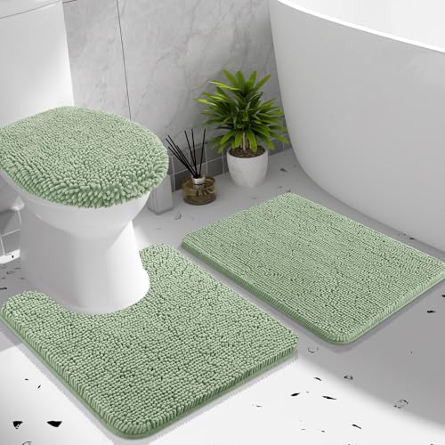 OLANLY Bathroom Rugs Sets 3 piece, Soft Absorbent Chenille Bath Mat, U-Shaped Contour Toilet Mat and Toilet Lid Cover, Quick Dry, Machine Washable, Toilet Cover and Rug Set for Bathroom, Sage Green - color: Sage Green, size: 24" X 16" + U24" X 20" + 17.5"