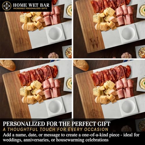 HomeWetBar Personalized Charcuterie Board Gift Set | Custom 15.75" x 11.75" White Marble & Acacia Wood Cheese Board with Serving Bowls | Perfect Housewarming + Wedding + Couples Gift Idea - style: Winslow White Marble Board + Serving Bowls