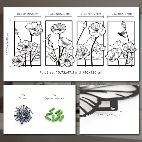 deeinglif Black Metal Wall Art Set of 4, 3D Metal Wall Decor for Living Room Bedroom Bathroom, Abstract Floral Mountain Nature Wall Sculptures, Modern Minimalist Iron Wall Art, 12 x 17 Inch