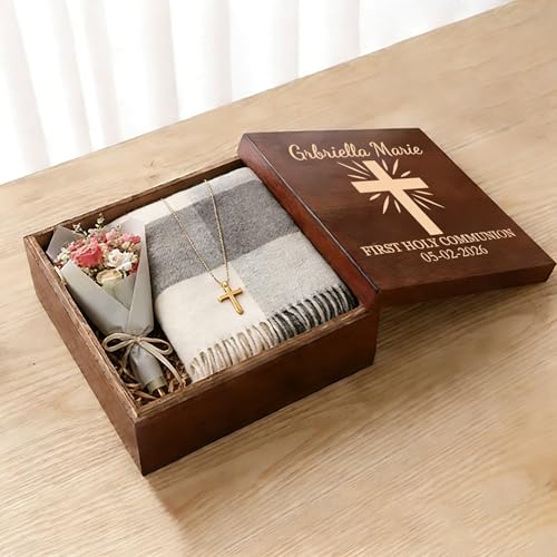 First Communion Gifts Personalized Memory Keepsake Box for Boys and Girls | 1st Holy Communion Gift Box, Wooden Box for Jewelry, Trinkets, Mementos & Photos Storage - Custom Name, Date & Cross Design - size: 7.7"L x 7.7"W x 3.9"H, style: Communion