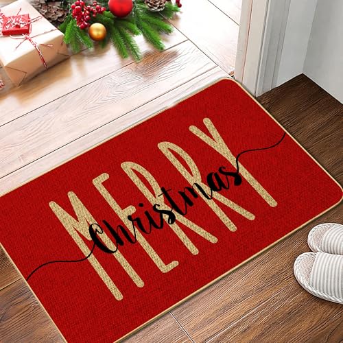 Red Merry Christmas Welcome Decorative Doormat, Winter Seasonal Door Mat Christmas Holiday Low-Profile Floor Switch Mat for Indoor Outdoor 17 x 29 Inch - color: Red