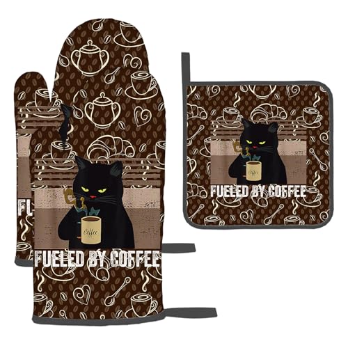 Vintage Cat Oven Mitts and Pot Holders Sets of 3 Retro Coffee Hot Pads | Oven Gloves Heat Resistant Non Slip Washable For Kitchen Cooking Grilling Baking - color: Vintage Cat