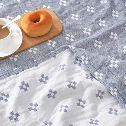 jinchan 100% Cotton Muslin Blanket Twin Boho Throw Blanket 50x60 Denim Blue | 3-Layer, Geometric Cross Quilt, Cooling Breathable Lightweight, for Adult, Soft, Reversible, Summer, Couch, Sofa, Bedroom - color: B. Cross Blue, size: 50"x60"