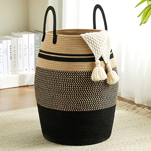 Extra Large Laundry Hamper Basket 105L Woven Blanket Basket, Brown & Black | Tall Clothes Hamper, Rope Wicker Laundry Basket, Storage Basket for Toys, Dirty Cothes in Bedroom, Living Room Organizer - color: Brown & Black, size: 105L