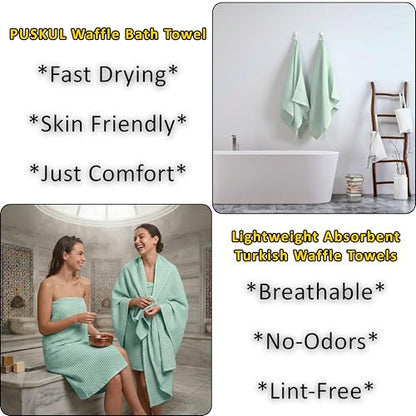 PÜSKÜL 2-Piece Natural 100% Turkish Cotton Waffle Bath Towels Extra-Large | Ice Green, 32x63" Bath Sheet Towel, Light Soft Absorbent Quick-Dry Lint-Free Premium Honeycomb Weave Oeko-Tex Made in Turkiye - color: Ice Green