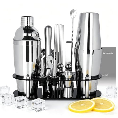 17Pcs Cocktail Shaker Set 750ml, 750/600ml Bartending Kit 25oz, 25/20oz Bar Shakers Tools Bartender Kit with Recipe Book Black Stand