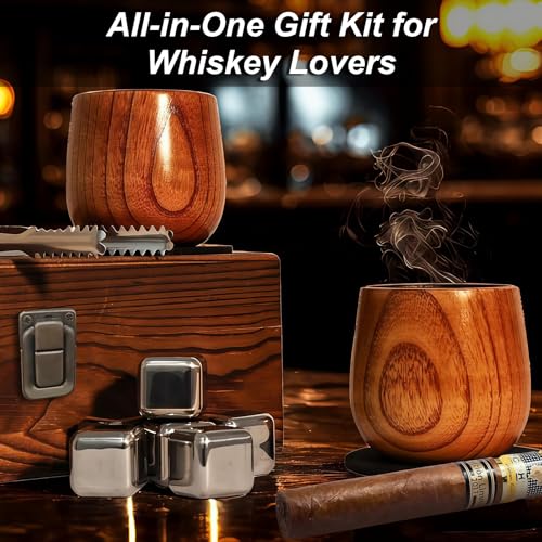 Charred Wooden Bourbon Glass Gift for Men, Whiskey Gift | Crafted with Charred Oak, Stainless Steel Whiskey Stone, Old Fashioned, Ideal for Dad Husband Friend Birthday Christmas Gift