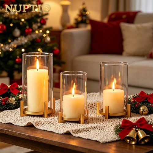 NUPTIO Gold Pillar Candle Holder: Hurricane Glass Candle Stands with Sleeve | Set of 3 Brass Decor with Clear Cover for Thanksgiving Christmas Fireplace Table Centerpiece